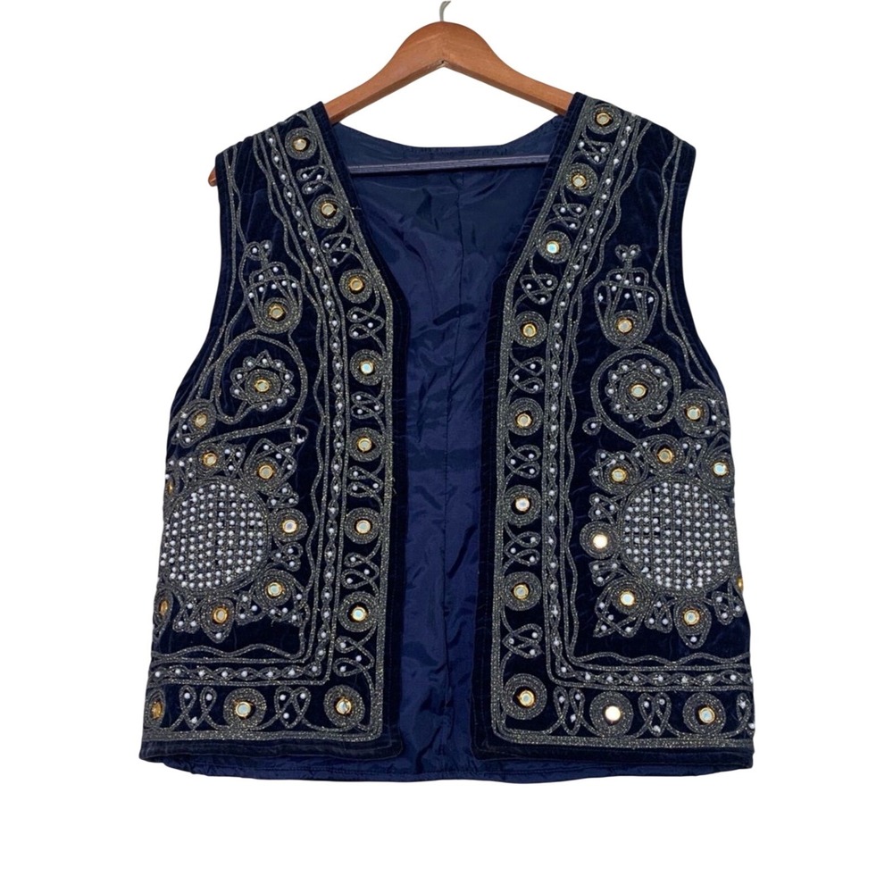 Vintage Velvet Embroidered Vest Womens S Navy Blue Mirror Shisha Bohemian Hippie